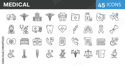 Medical line icons set featuring healthcare symbols hospital equipment doctors medicine diagnostics treatment wellness editable outline illustration for modern design