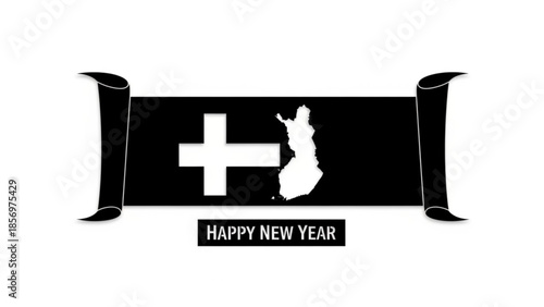 Black banner with white cross and finland map, happy new year text