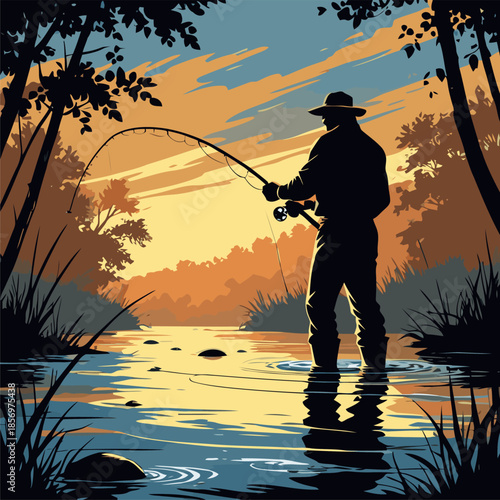 silhouette vector image of a fisherman against a sunset background