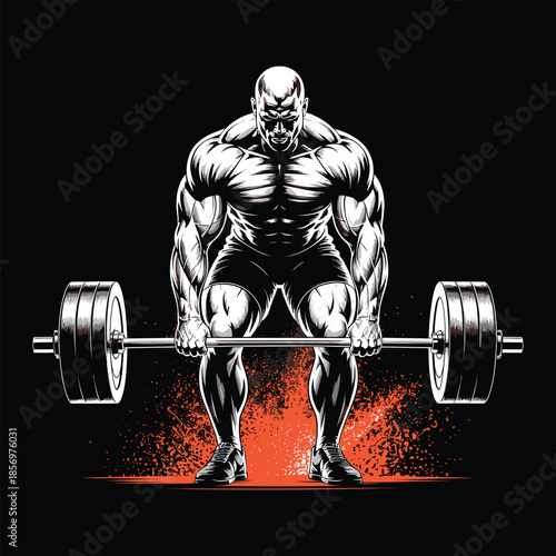 Strong Bodybuilder Performing Deadlift with Barbell and Red Splash Background Vector Illustration.