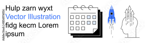 Business planning, innovation, time management, creativity, productivity, futuristic ideas. Features a calendar, a blue rocket launching and a brain with upward arrows. Planning and innovation