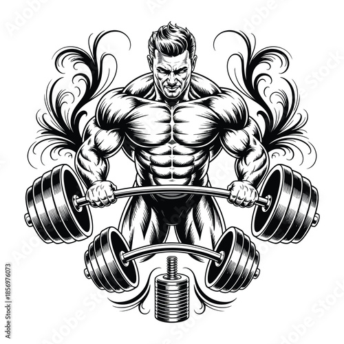 Powerful Bodybuilder Holding Heavy Barbell Fitness Motivation Black and White Detailed Illustration.