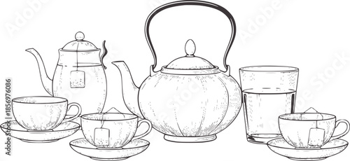 Black and line teapot and cups with sugar cubes and water glass