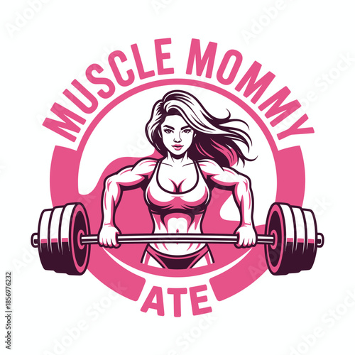 Muscle Mommy Fitness Motivation Design with Strong Woman Lifting Barbell Illustration.
