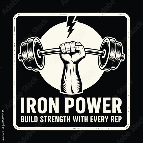 Iron Power Gym Motivation Logo with Fist Holding Barbell and Lightning Bolt.