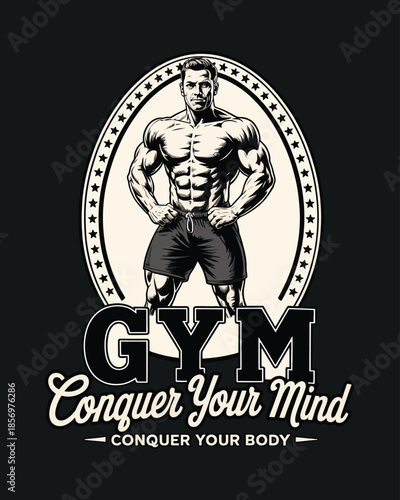Gym Conquer Your Mind Bodybuilder Silhouette with Motivational Quote for Apparel.