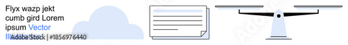 Cloud storage, tech communication, document sharing, remote services, quadcopter delivery, future technology. A cloud, document paper and digital Quadcopter. Cloud storage and tech communication
