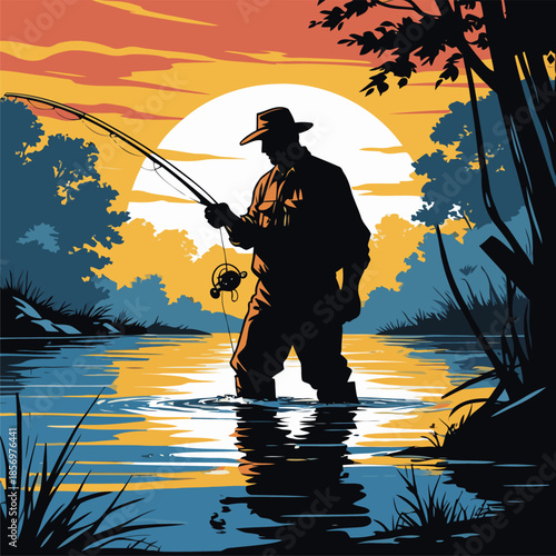 silhouette vector image of a fisherman against a sunset background