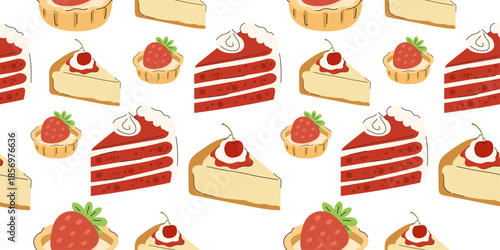 Sweet desserts seamless patterns with red velvet cake, cheesecake and strawberry tart. Bakery treats: chocolate donut, blueberry muffin, and raspberry yogurt. Minimalist pastry backgrounds for cafe.