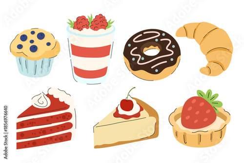 Sweet desserts and bakery set with chocolate donut, red velvet cake and cheesecake. Pastry elements: blueberry muffin, croissant, strawberry tart and raspberry yogurt. Minimalist confectionery icons.