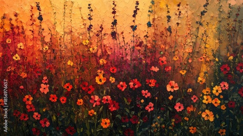 A field of wildflowers arranged in an ombre of fiery colors