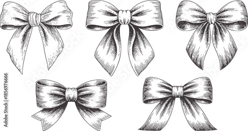 Five intricately detailed monochrome bows in outline style