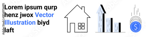 Real estate investment, economic progress, financial growth, property market, business planning, market trends. House outline, bar graph and coins. Real estate investment and economic progress