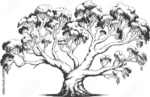 Large eucalyptus tree with twisted branches and dense foliage line leaves