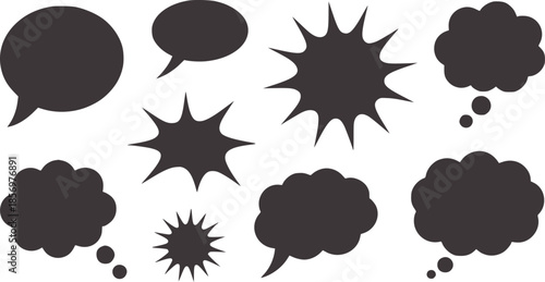 Nine black speech bubbles and explosion shapes