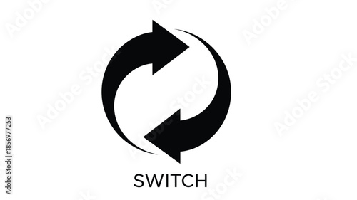 A black circular graphic with two opposing arrows and the word switch below