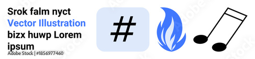 metadata tag icon, flame graphic, and musical note next to readable text combining elements of tech, creativity, and communication. Ideal for digital marketing, social media, music, branding