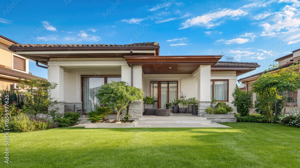 Fototapeta premium Modern upscale residence showcases expansive manicured lawn and covered patio area under blue sky
