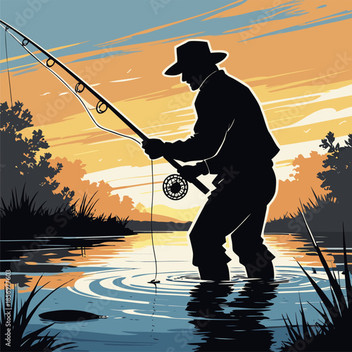 silhouette vector image of a fisherman against a sunset background
