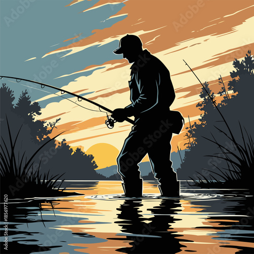 silhouette vector image of a fisherman against a sunset background