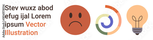 Emotional states, creativity, problem-solving, innovation, design thinking, and teamwork. Sad face, circular graphic and lightbulb icons. Emotional states and creativity concept