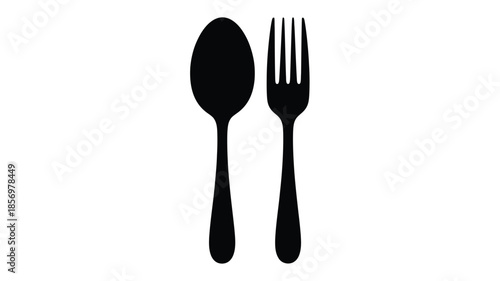 A simple depiction of a spoon and fork black on white silhouette