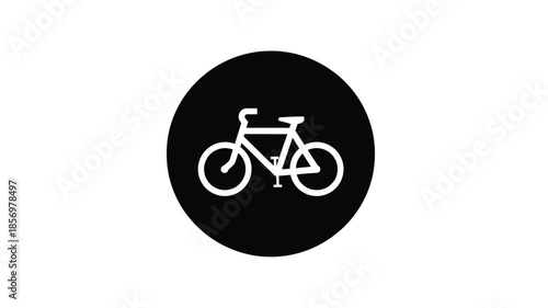 A simple white bicycle illustration inside a dark circular frame silhouette