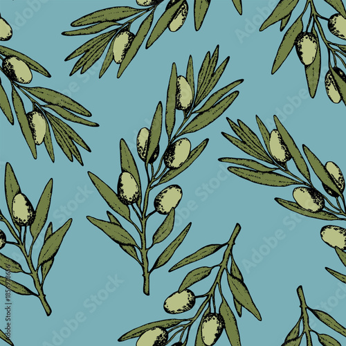 Seamless pattern with olive branch. Ink hand drawn olives background. Botanic plant vector illustration for print, fabric, textile. A sprig of an olive tree with leaves. Food concept.