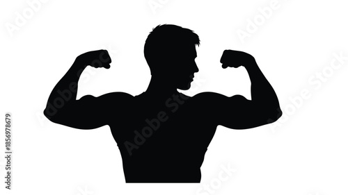 A muscular man flexing his biceps a striking black and white silhouette