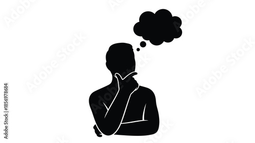 A thoughtful man in black pondering with a cloud a striking silhouette