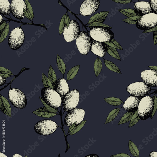Seamless pattern with olive branch. Ink hand drawn olives background. Botanic plant vector illustration for print, fabric, textile. A sprig of an olive tree with leaves. Food concept.
