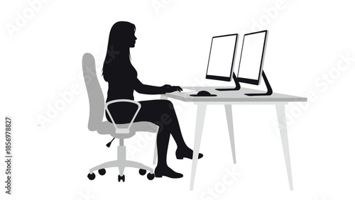 Silhouette of a woman sitting at a desk with two computer monitors and an office chair, working diligently.