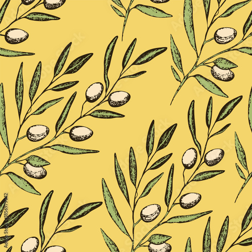 Seamless pattern with olive branch. Ink hand drawn olives background. Botanic plant vector illustration for print, fabric, textile. A sprig of an olive tree with leaves. Food concept.