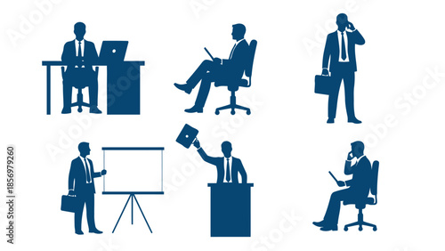 Six Silhouette Businessmen Engaged in Various Professional Activities and Office Settings