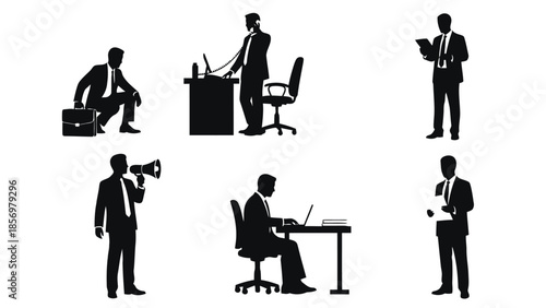 Black Silhouettes of Business Professionals in Various Poses and Office Activities
