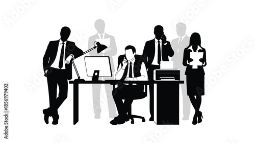 Silhouettes of business professionals in an office setting, depicting a modern corporate environment and teamwork.