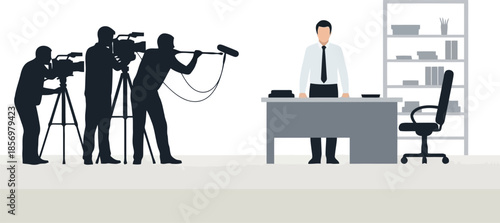 Film Crew Filming a Businessman in an Office Setting with a Shelf and Chair.