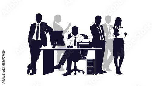 Silhouette of diverse business professionals collaborating and working together in a modern office environment.
