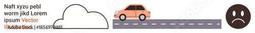 Transportation, environmental impact, emotions, fuel consumption, climate awareness, road safety. Car on a road beside a cloud and a sad face. Transportation and environmental impact concepts