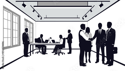 Business meeting and collaboration in a modern office space with people in suits discussing work.