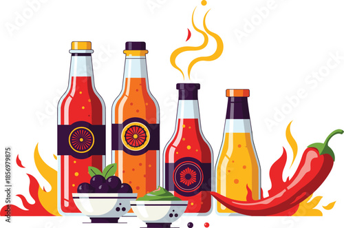 Hot sauce bottles with chili pepper and spicy ingredients illustration, fiery condiment vector for cooking, flavor and food design
