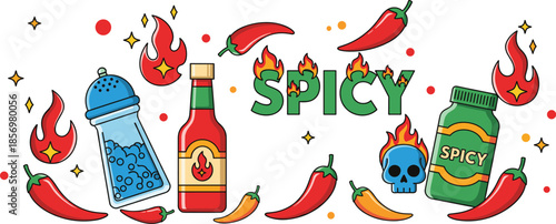 Spicy chili pepper and hot sauce illustration set with fire elements, seasoning and bold flavor graphics for food design