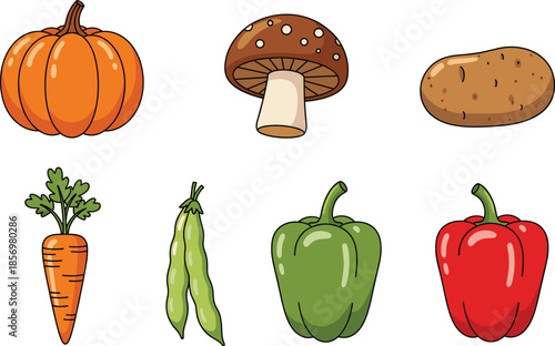 Fresh vegetable icons set including pumpkin, mushroom, potato, carrot, beans and bell peppers for food and nutrition design