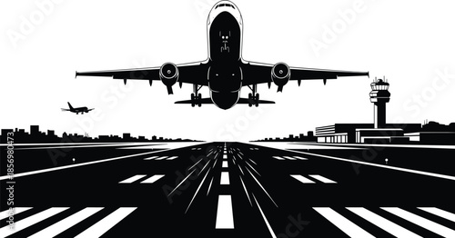 Airplane landing on runway with airport terminal and control tower, aviation travel concept for airline transportation and flight industry design