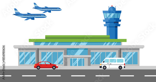 Modern airport terminal building with air traffic control tower, airplanes flying and vehicles on road for travel and transportation design
