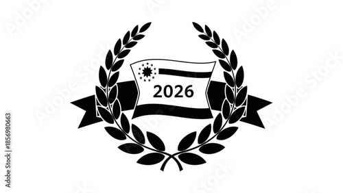 Black and white game controller in laurel wreath with ribbon