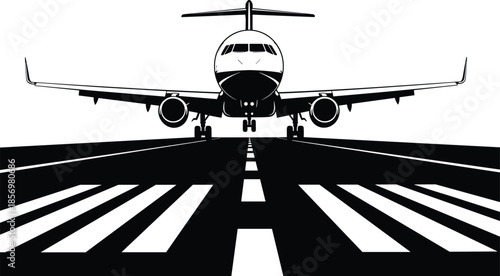 Airplane landing on runway front view silhouette, aviation travel and transportation concept for airport and airline industry design