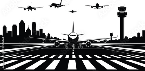 Airplane on runway with city skyline and control tower, aviation scene showing aircraft takeoff and landing airport transportation