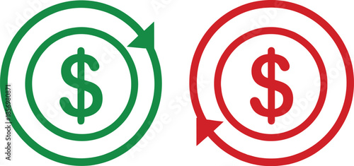 Dollar money cycle icons in green and red, financial transaction arrows for currency exchange, refund and payment process