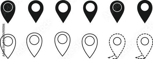 Map location pin icons set in solid, outline and dashed style for navigation, GPS direction and travel app design